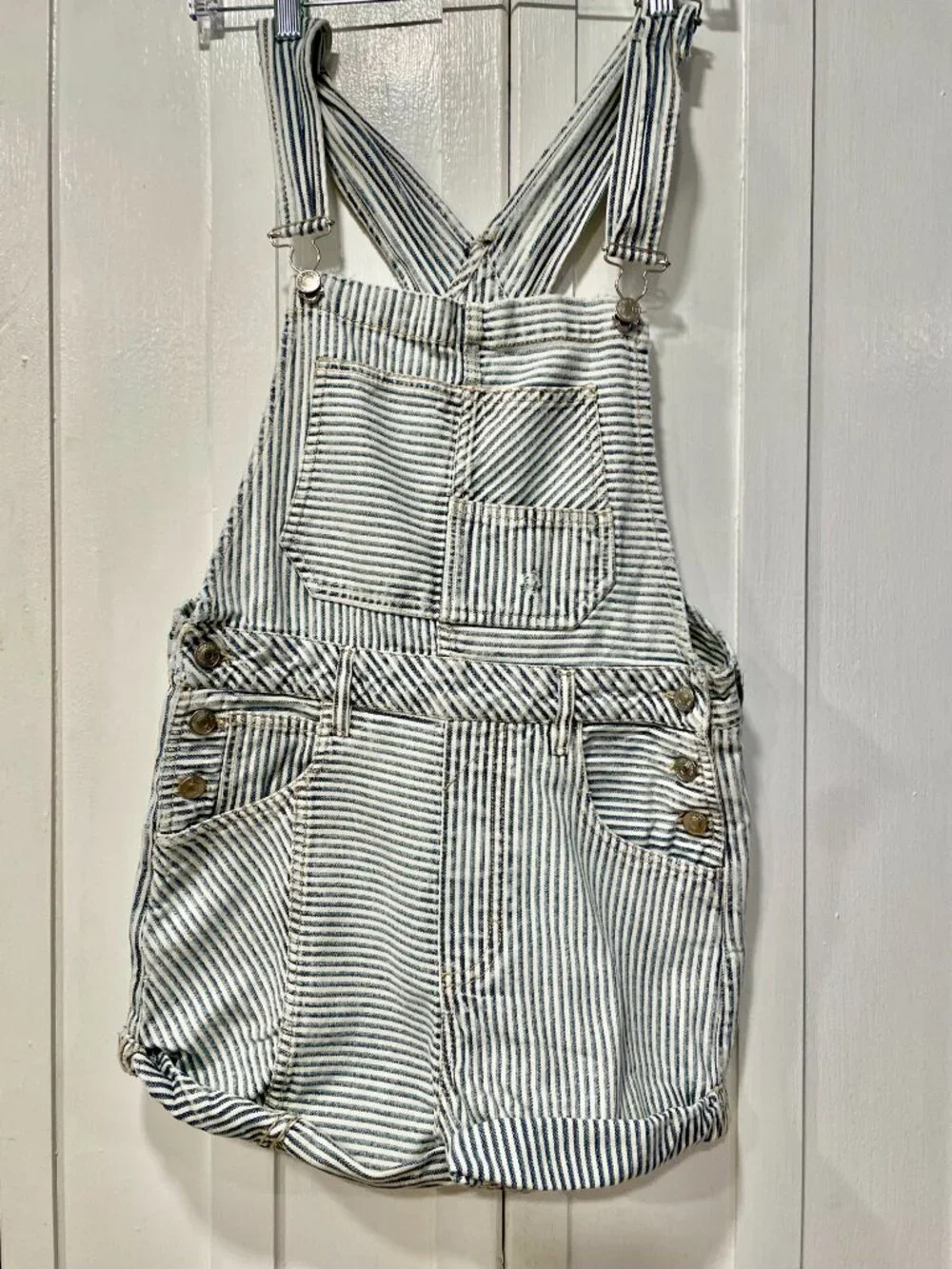 We The Free Ziggy Denim Shortalls Blue & White Stripe Distressed Size XS - Picture 3 of 8